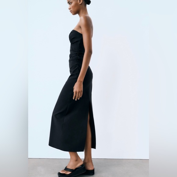 ZARA NWT Black Strapless Cut-Out COTTON Blend MIDI Dress Size Small - Picture 5 of 11